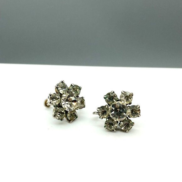 Vintage Clear Crystal Flower Earrings, Classic Silver Tone Screw Back with Prong - Picture 2 of 5